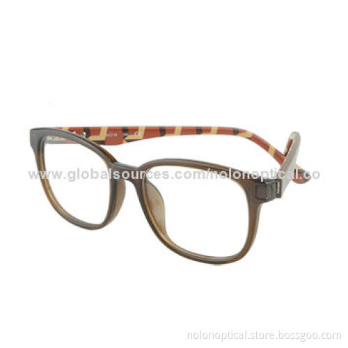 Brown Eyeglasses with Uneven Pattern Arms, Clear Demo Lens
